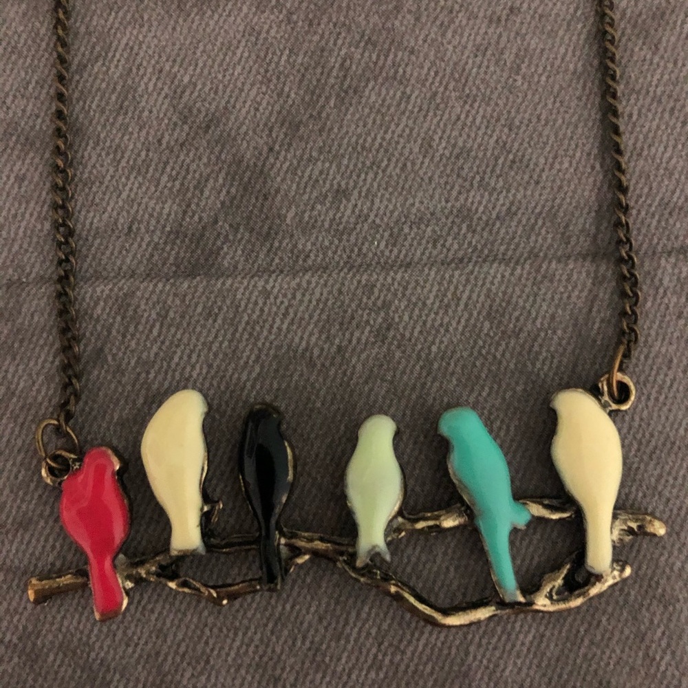 Colorful birds on branch necklace